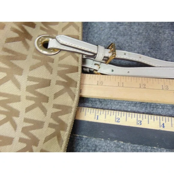 Michael Kors Tote Bag Jet Set MK Signature Logo Beige Brown Leather Trim - Picture 16 of 16